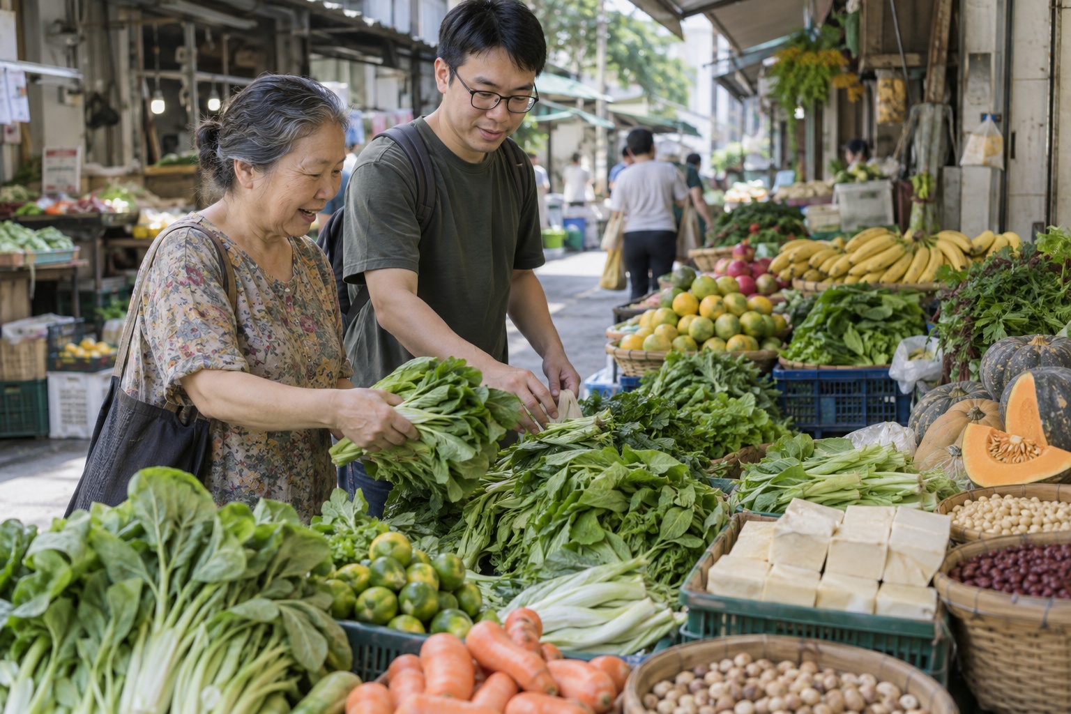 Two adults selecting vegetables, fruit, tofu and legumes at a local market