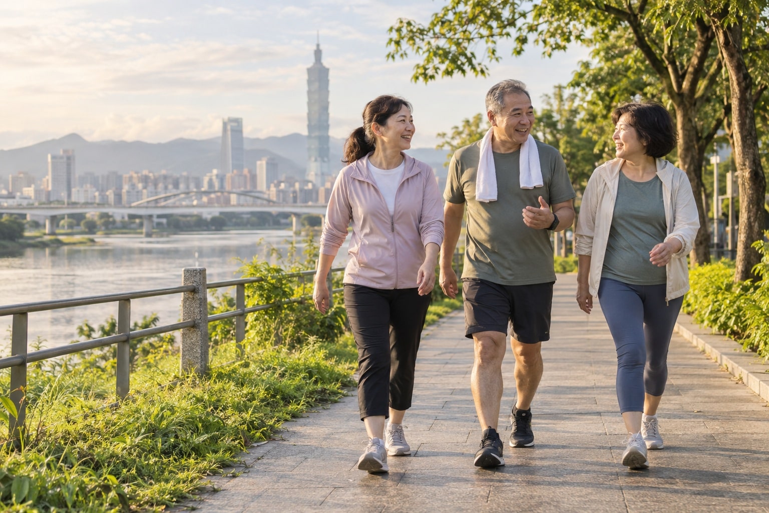 Three adults walking together in a riverside park in Taiwan