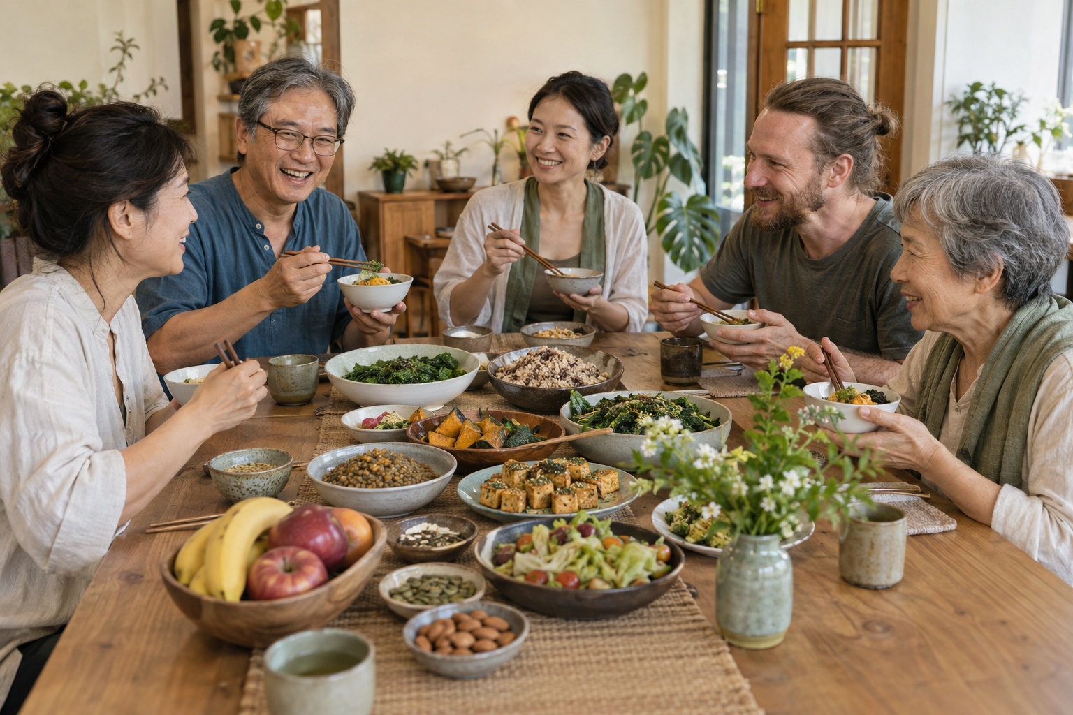A diverse group of adults sharing a sentient vegetarian meal indoors